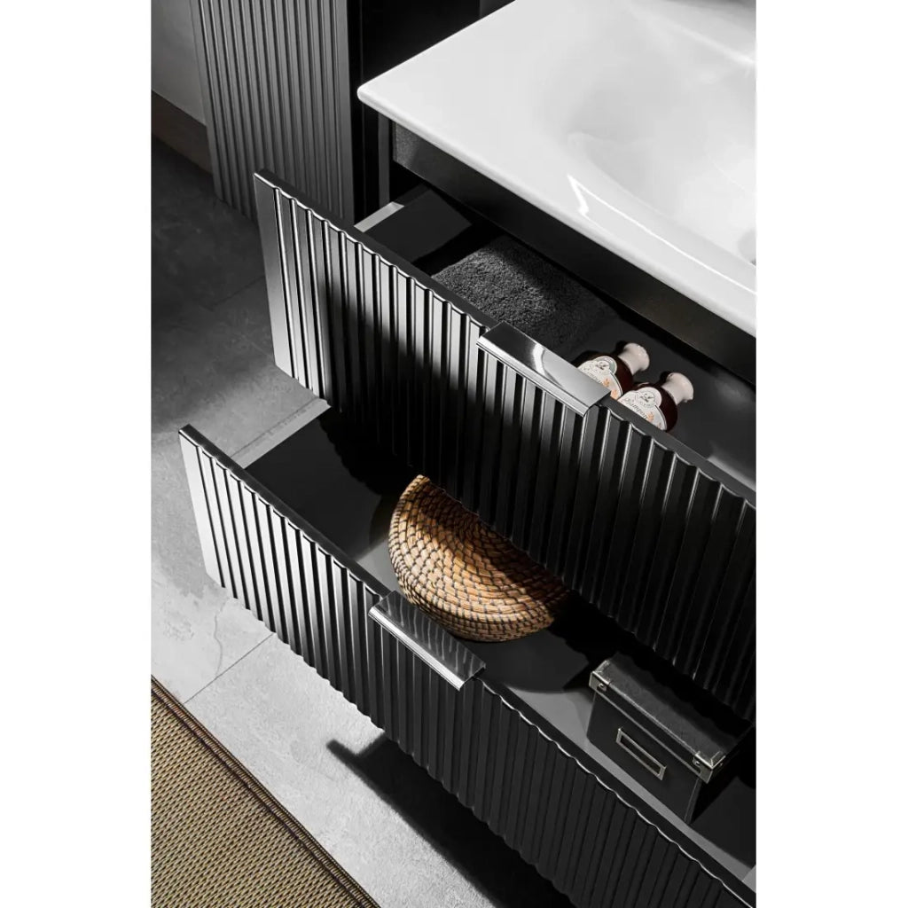 Mobile sotto lavabo NOXERA – 60 cm – 2 cassetti – Nero opaco – Design scanalato sospeso