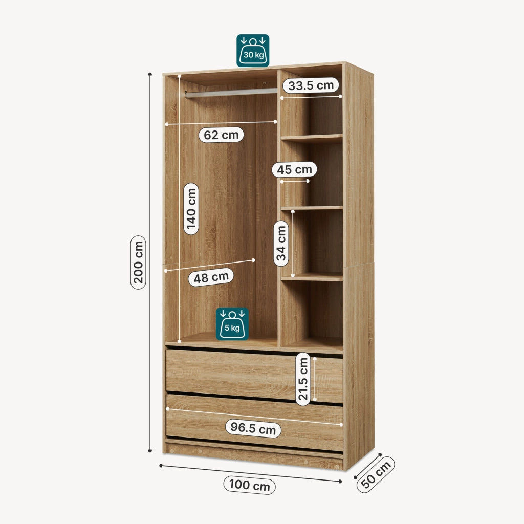 Armadio Aperto Vippsaki Guradaroba con Barra Appendiabiti 4 Scomparti e 2 Cassetti 200 x 100 x 50 cm - Effetto Rovere [en.casa]