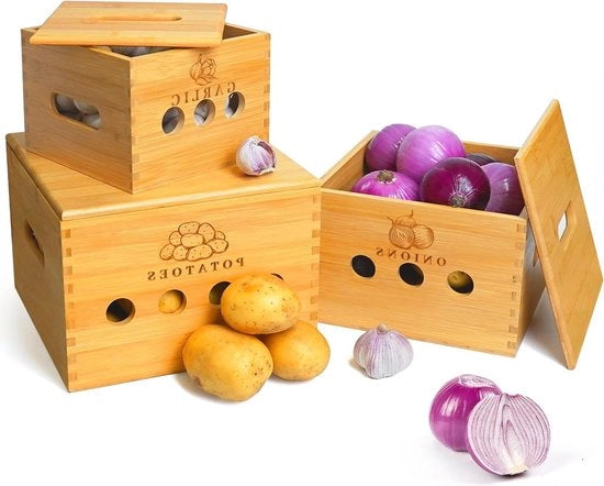 Set di contenitori per verdure in legno di bambù con copertura e fori di aerazione per 3 contenitori.