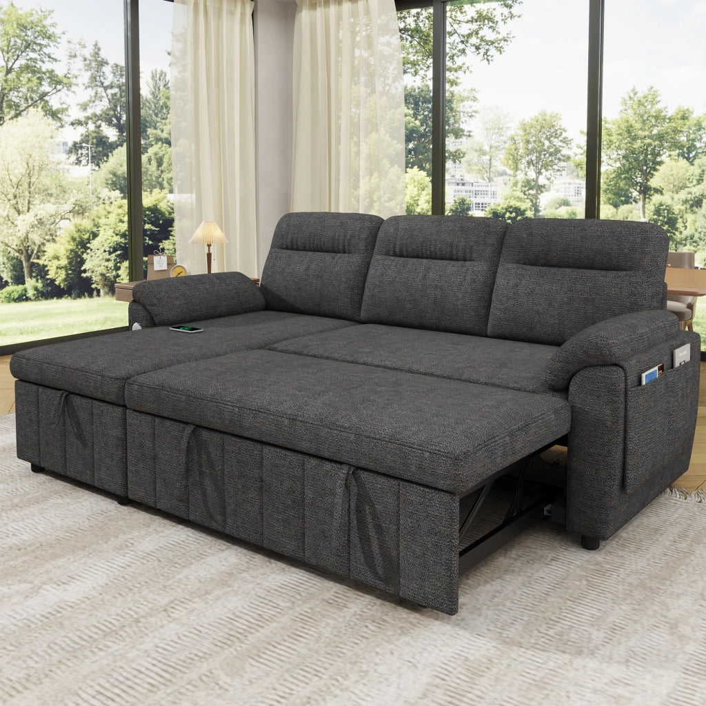 Divano angolare convertibile reversibile con letto estraibile contenitore e porte USB Type-C in ciniglia grigio