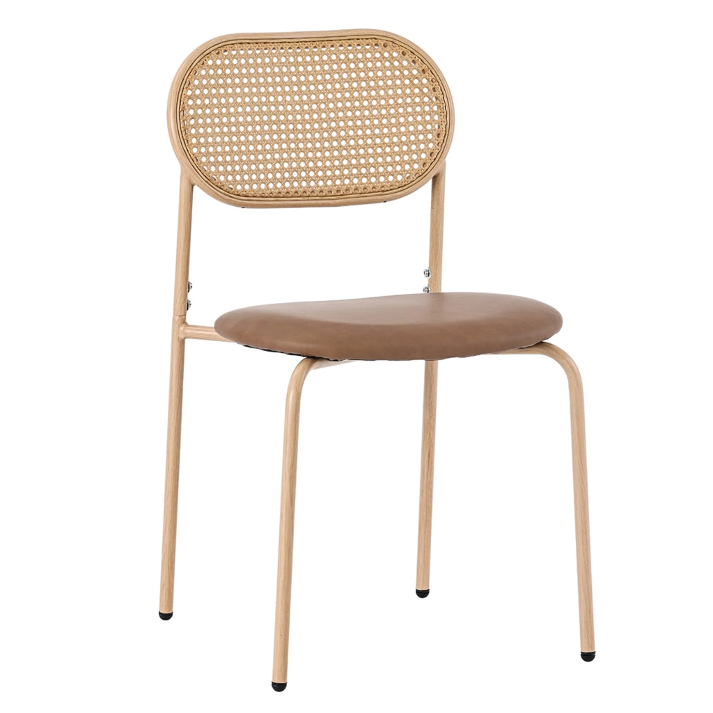 Set di 4 Sedie da Pranzo; Schienale Ovale in Rattan Naturale; Gambe in Metallo; per Sala da Pranzo; PU; Marrone
