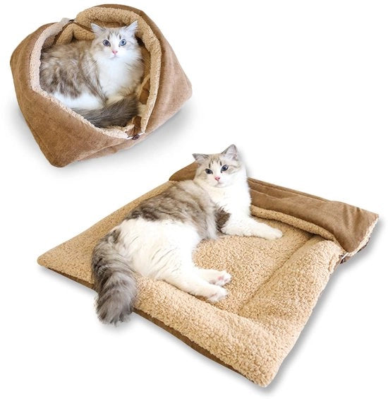 Letto per gatti 2 in 1 con imbottitura morbida e forma arrotondata per sonni rilassanti letto per gatti con piuma letto per gatti e piccoli cani coperta per gatti e piccoli cani letto per gatti e piccoli cani (Khaki)