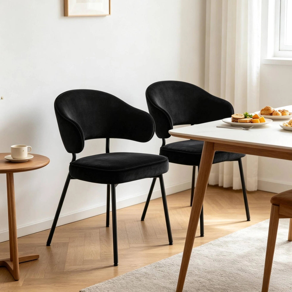 Set 2 sedie da pranzo 50x43 cm nere in velluto e metallo, con braccioli