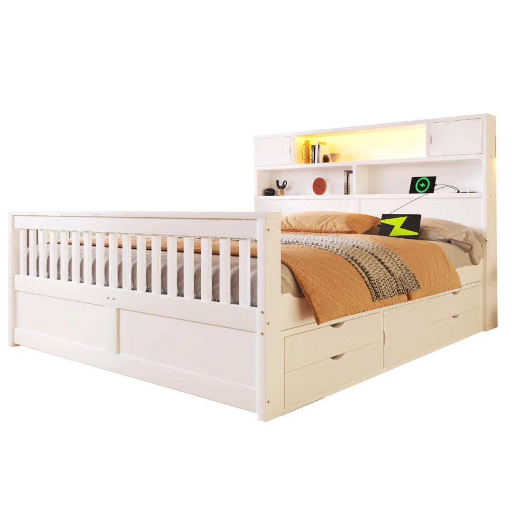 Letto 160x200 cm con cassetti; LED e testiera libreria in MDF e compensato bianco