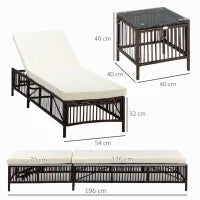 Set 2 Lettini Prendisole con Cuscini Imbottiti e Tavolino in Rattan PE, Marrone e Beige