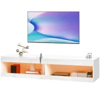 Mobile TV Sospeso con Luci LED con Telecomando, Scompartimenti e Fori Passacavi 140x40x30 cm Bianco Lucido