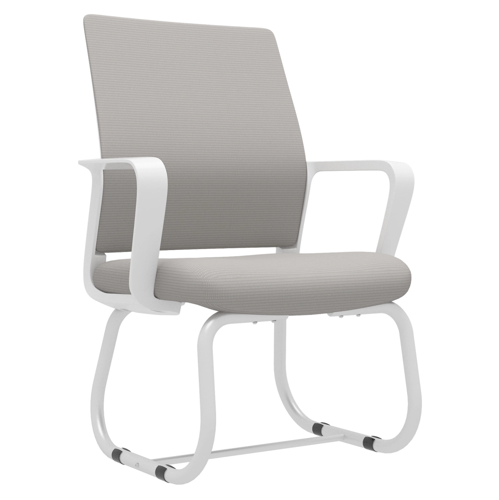 Sedia da ufficio con schienale in rete e struttura a slitta; grigio e bianco; metallo e legno