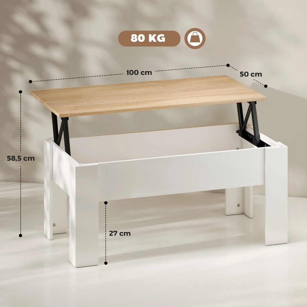 Tavolino da caff¨¨ elevabile con piano elevabile e spazio di stoccaggio nascosto ¨C Minimal ¨C 100x50x45-58,5 cm bianco e naturale