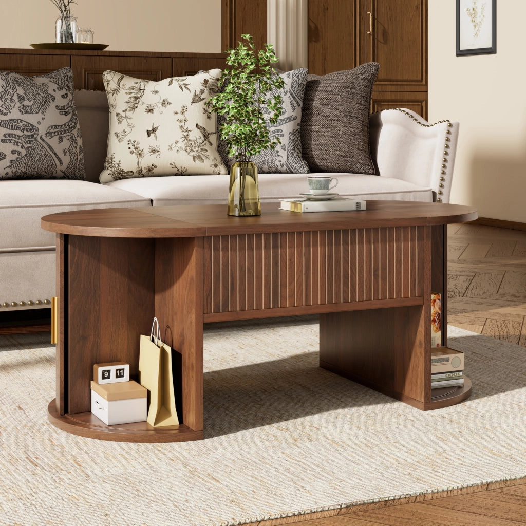 Tavolino basso sollevabile con vano contenitore e ripiani aperti in MDF effetto noce 100 × 50 × 40,5 cm