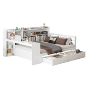 Letto a Divanetto 140x200 cm; Letto Matrimoniale con Scrivania; Mensole; USB e Cassetti; in Legno; Bianco