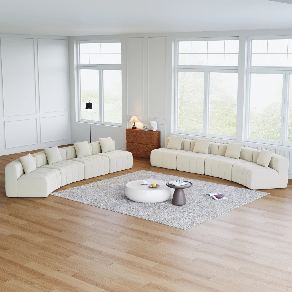DIVANO Modulare Curvo in Chenille Beige con 2 Cuscini