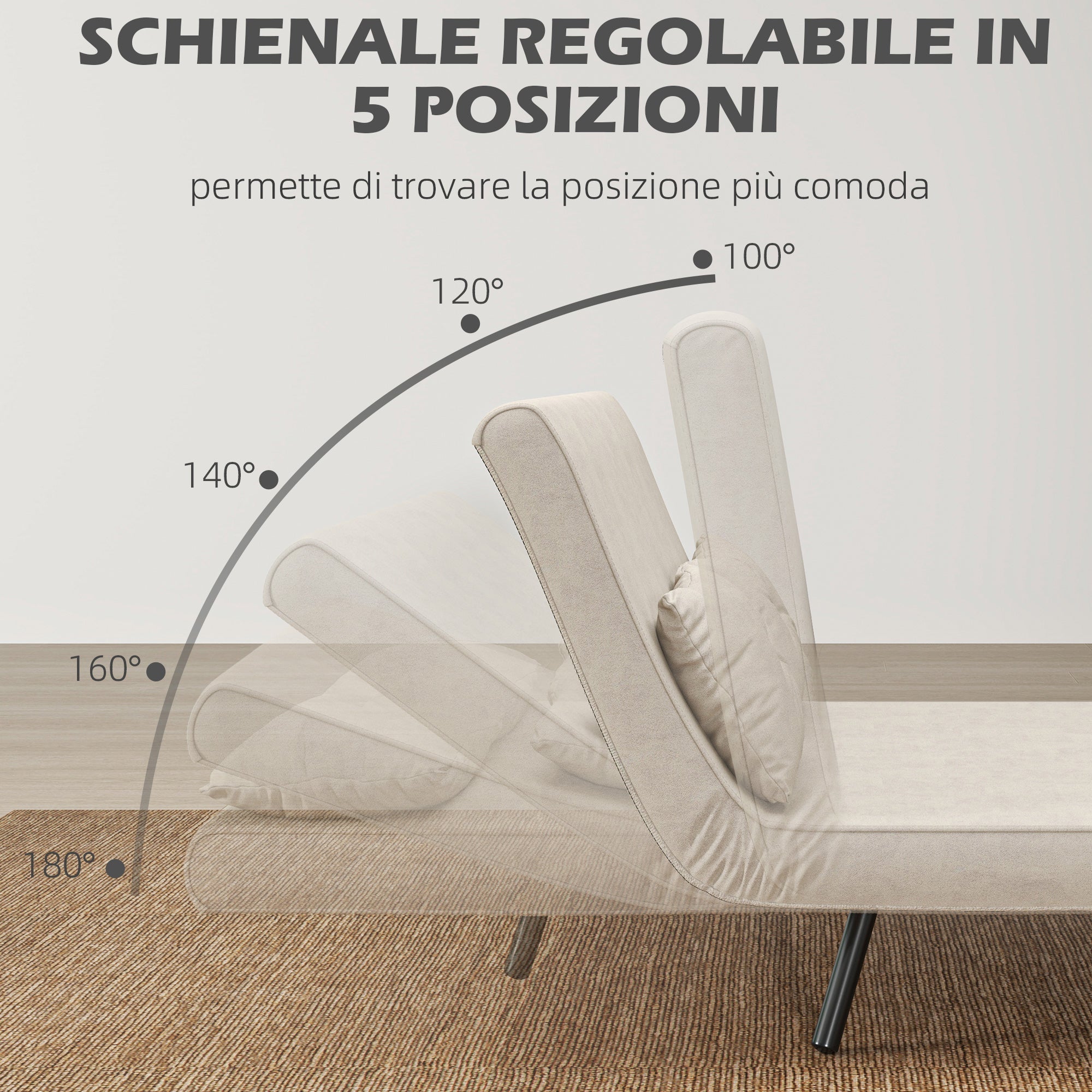 Divano Letto con Schienale Reclinabile e 2 Cuscini in Tessuto Effetto Velluto Bianco Crema