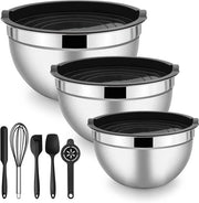 Set di Raccordo in Acciaio Inox, 3 Pezzi con Coperchio Eriogeeno + 5 Accessori per Cottura, Ideale per Cottura, Cottura e Conservazione, Stivabile, Nero, 8 Pezzi, 1,2L/2,7L/4,5L