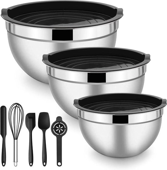 Set di Raccordo in Acciaio Inox, 3 Pezzi con Coperchio Eriogeeno + 5 Accessori per Cottura, Ideale per Cottura, Cottura e Conservazione, Stivabile, Nero, 8 Pezzi, 1,2L/2,7L/4,5L