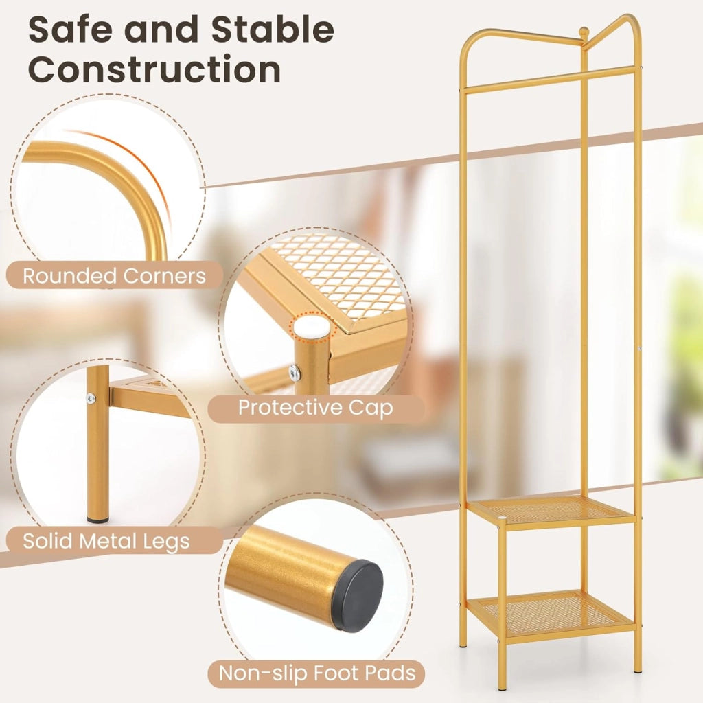 Appendiabiti Salvaspazio, Bastone Appendiabiti con Scaffale Scarpe a 2 Piani, con Protezione Antiribaltamento e Piedini Antiscivolo, Stand Appendiabiti per Ingresso e Camera da Letto (Oro)