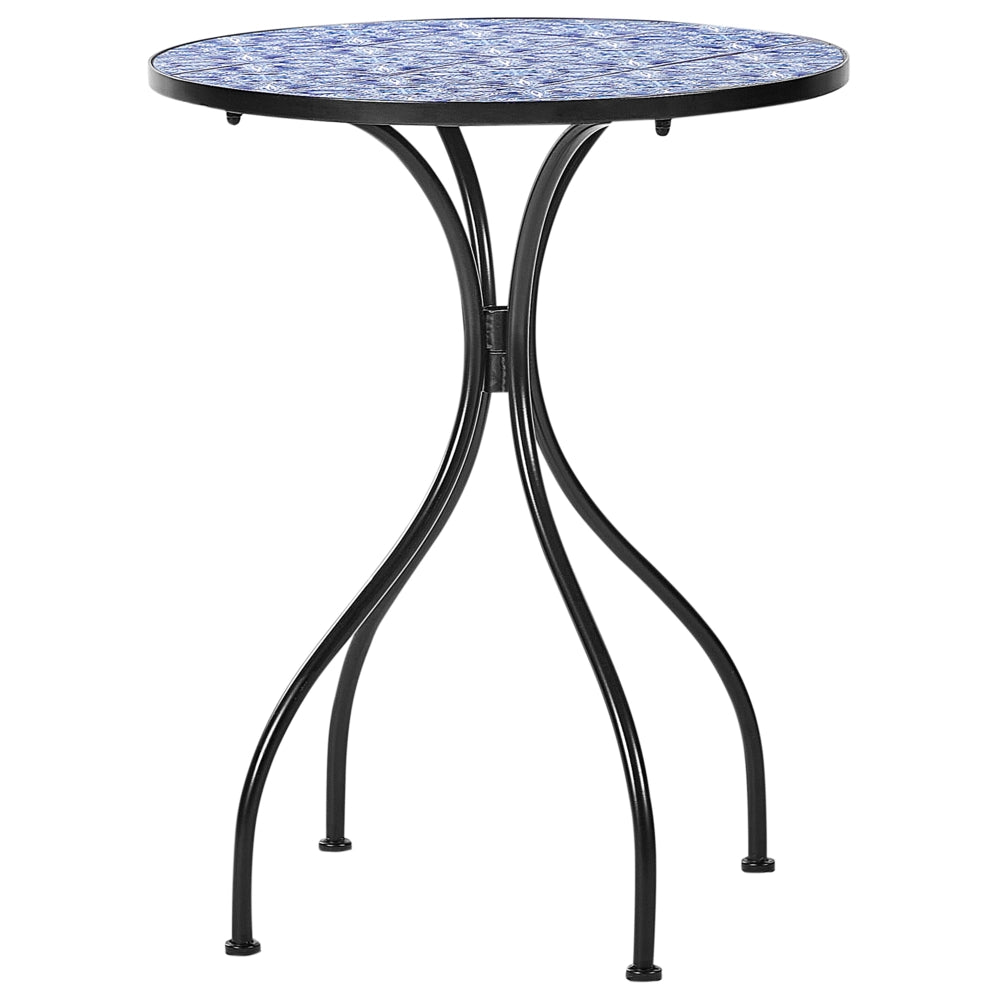 Set da bistrot da giardino in metallo nero con motivo a mosaico blu e struttura in ferro stile vintage esterno