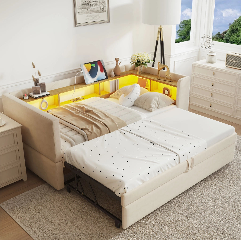 Divano letto imbottito con vani portaoggetti; LED e prese; 90/180x190 cm; beige