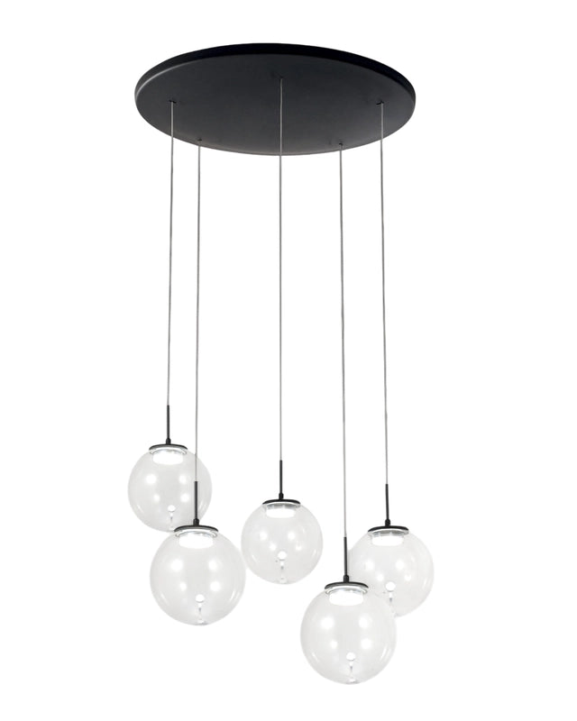 Ariel - Lampada a sospensione circolare 5 luci Fabas Luce - LED 35W dimmerabile - Trasparente Rosone rotondo d.50cm