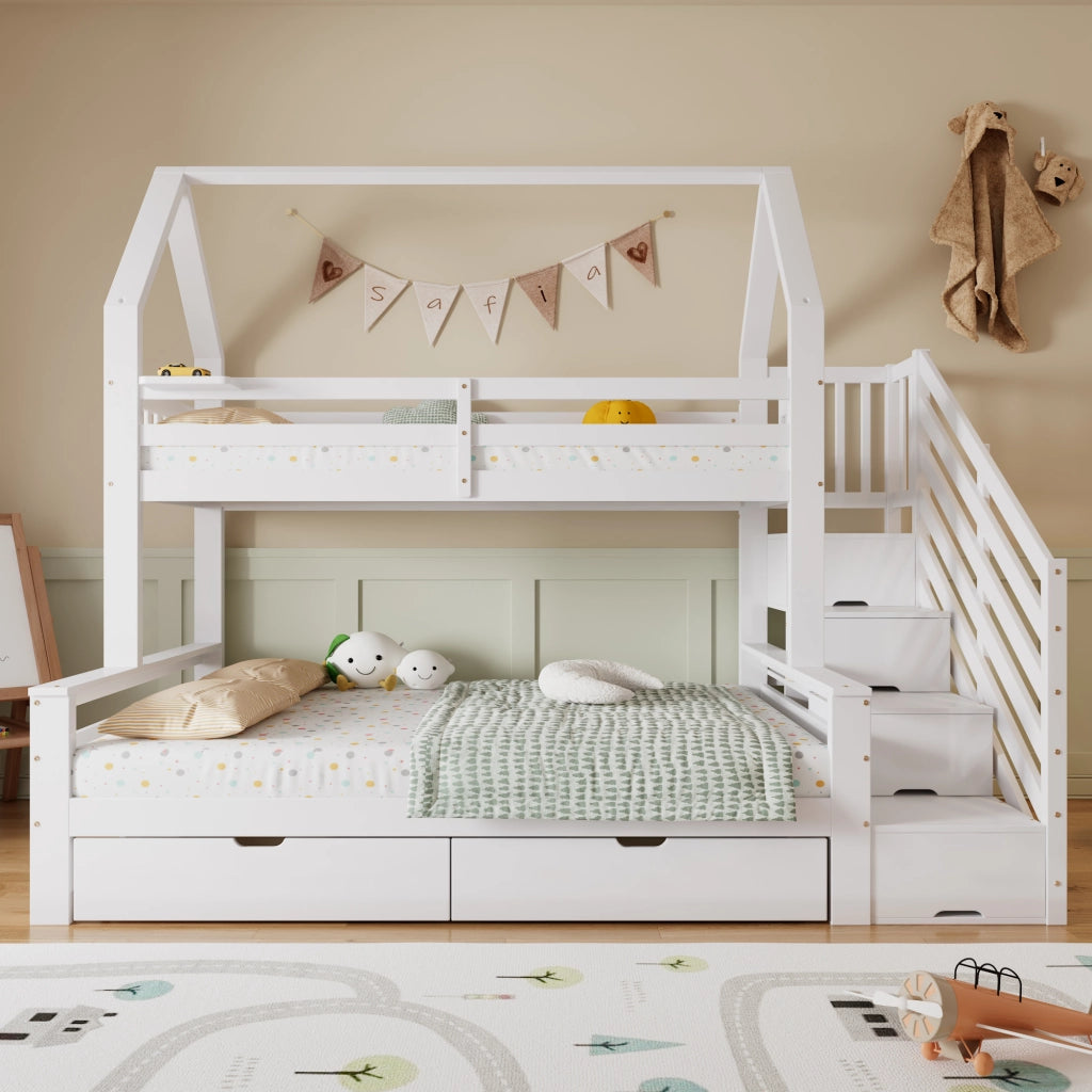 OKWISH Letto a Castello 90×200 cm e 140×200 cm, Letto 3 Posti con 2 Cassetti, Scala Contenitore e Spondine, senza Materasso, Bianco