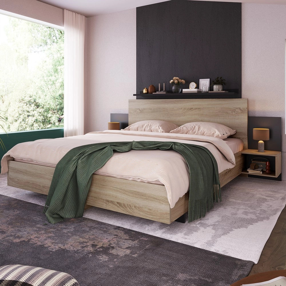 Letto Matrimoniale in Legno con 2 Comodini ¨C MINIMAL ¨C Rovere Sonoma/Grigio Scuro 160x200