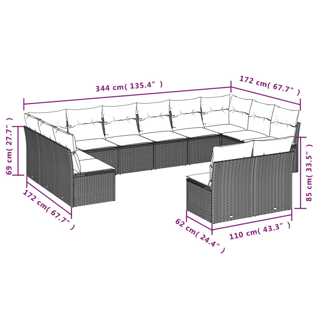 Set Divani da Giardino 12 pz con Cuscini Grigio in Polyrattan