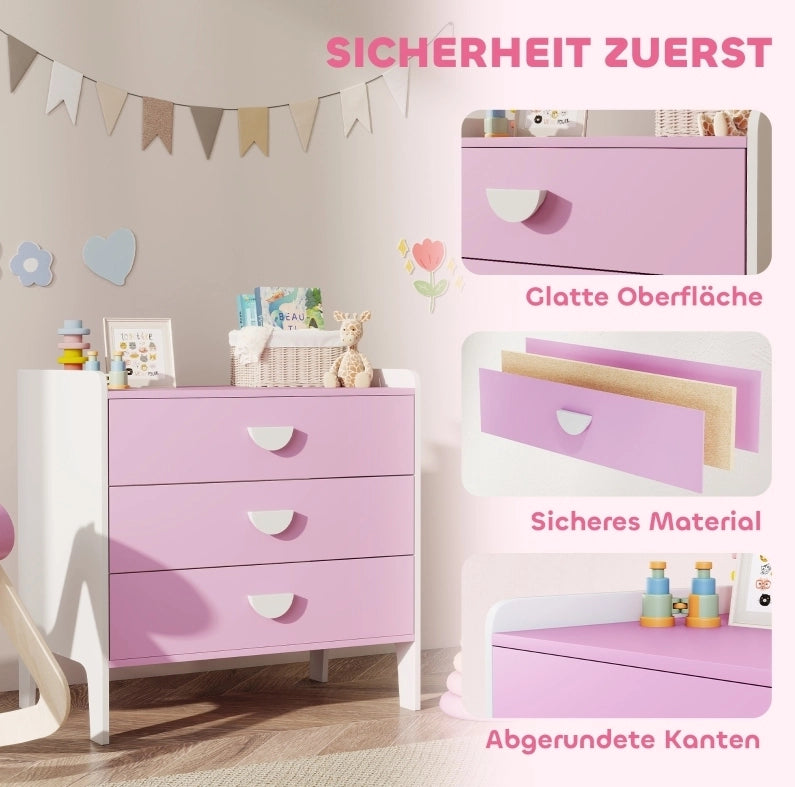 Cassettiera per bambini rosa e bianca con 3 cassetti