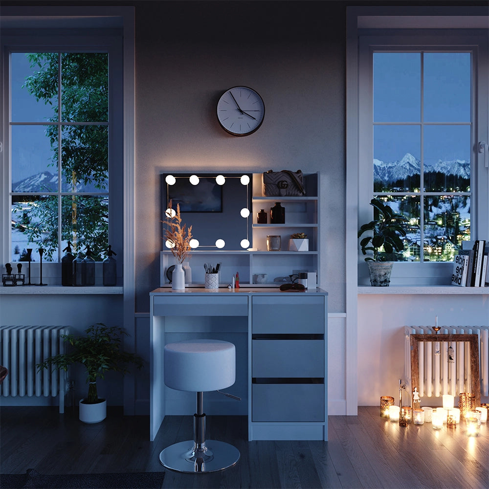 Vicco Tavolo da toeletta Bianco 90 cm con illuminazione a LED, sgabello e ripiano a specchio