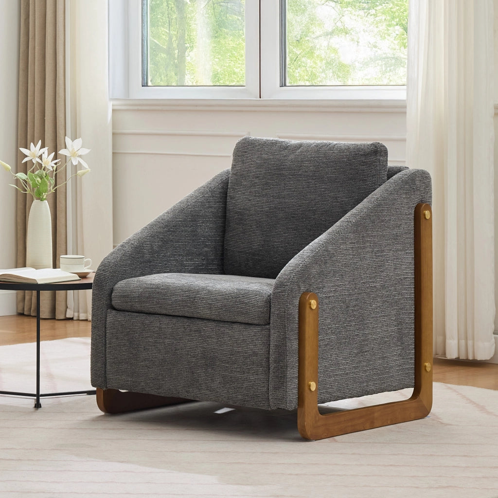 Poltrona Lounge con Braccioli e Cuscino ¨C MINIMAL ¨C Grigio, Tessuto Chenille, Gambe in Legno