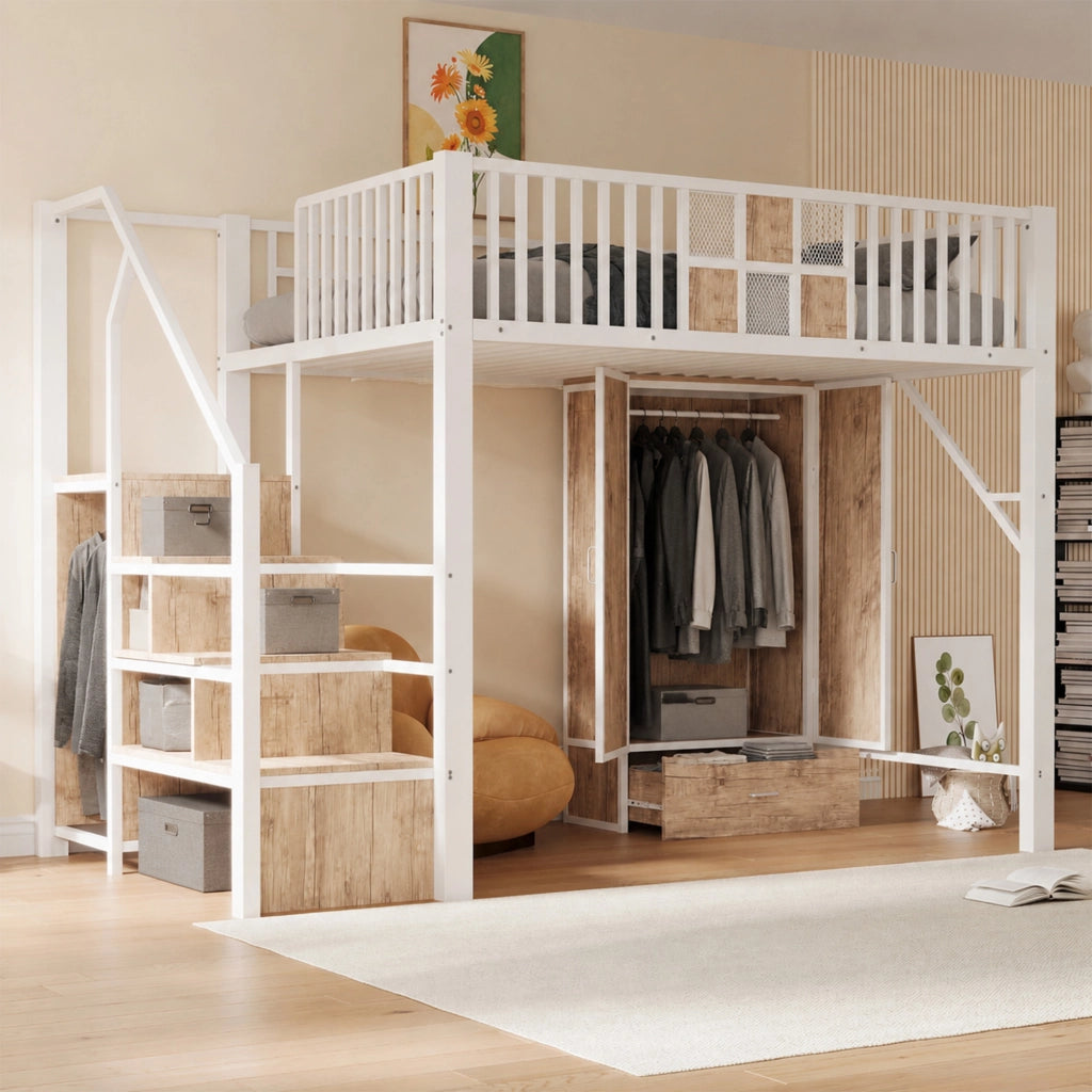 DESMIU Letto a soppalco 140 × 200 cm 2 posti con armadio, cassetto e scala contenitore, senza materasso, bianco