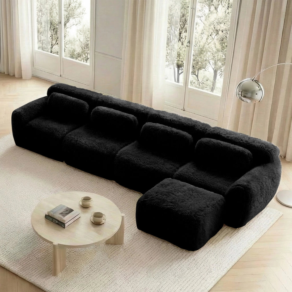 Divano angolare modulare 4 Posti con chaise longue, Design senza struttura, Cuscini, in Peluche Nero
