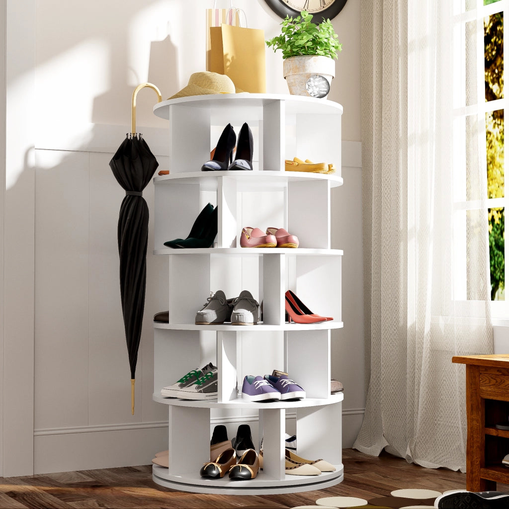 Scarpiera Girevole 5 Livelli con Scomparti; Design Minimalista; in Pannello Truciolare; 60¡Á60¡Á115 cm; Bianco