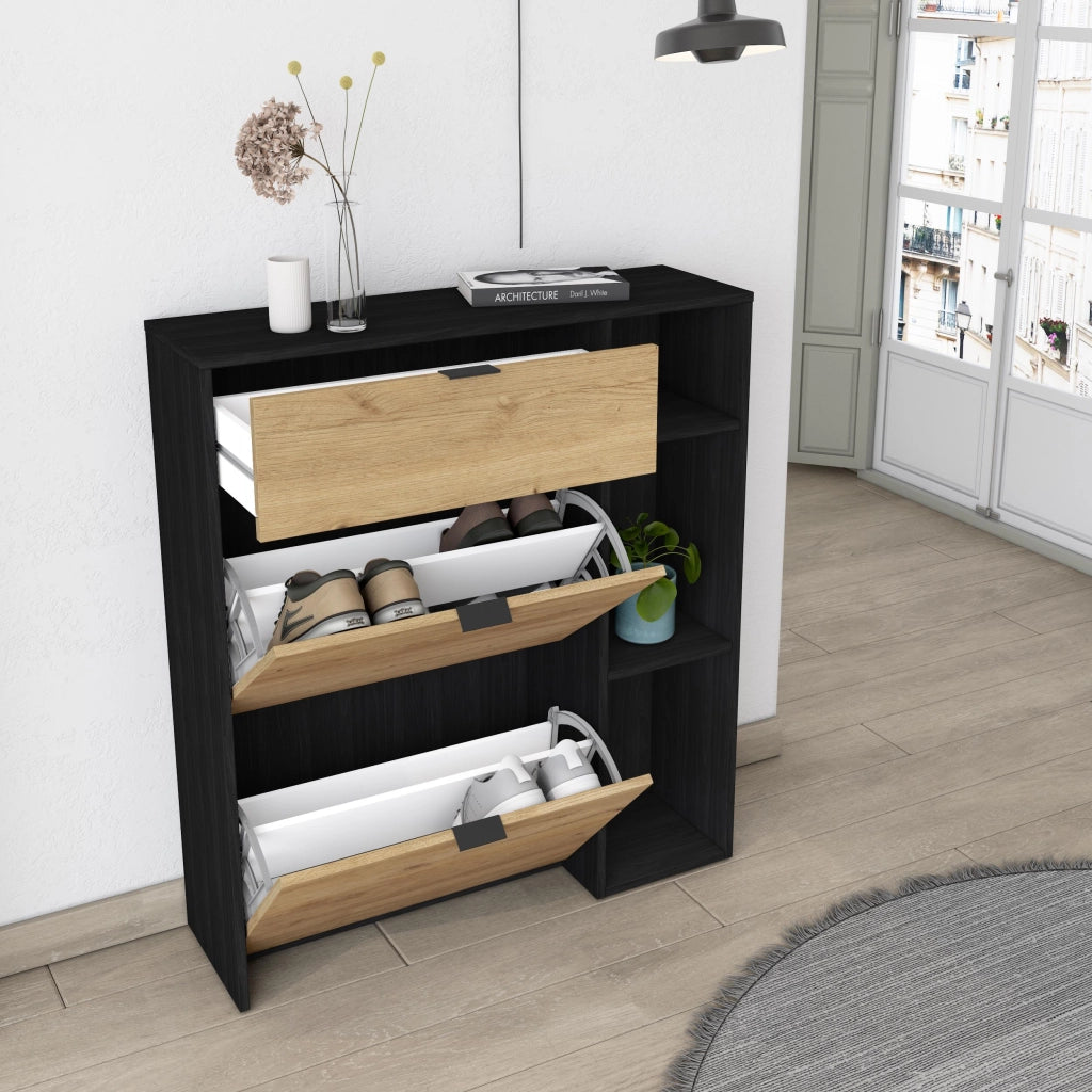Scarpiera Ingresso, 90x27x102cm, 10 paia di scarpe, Armadio, Nero e rovere