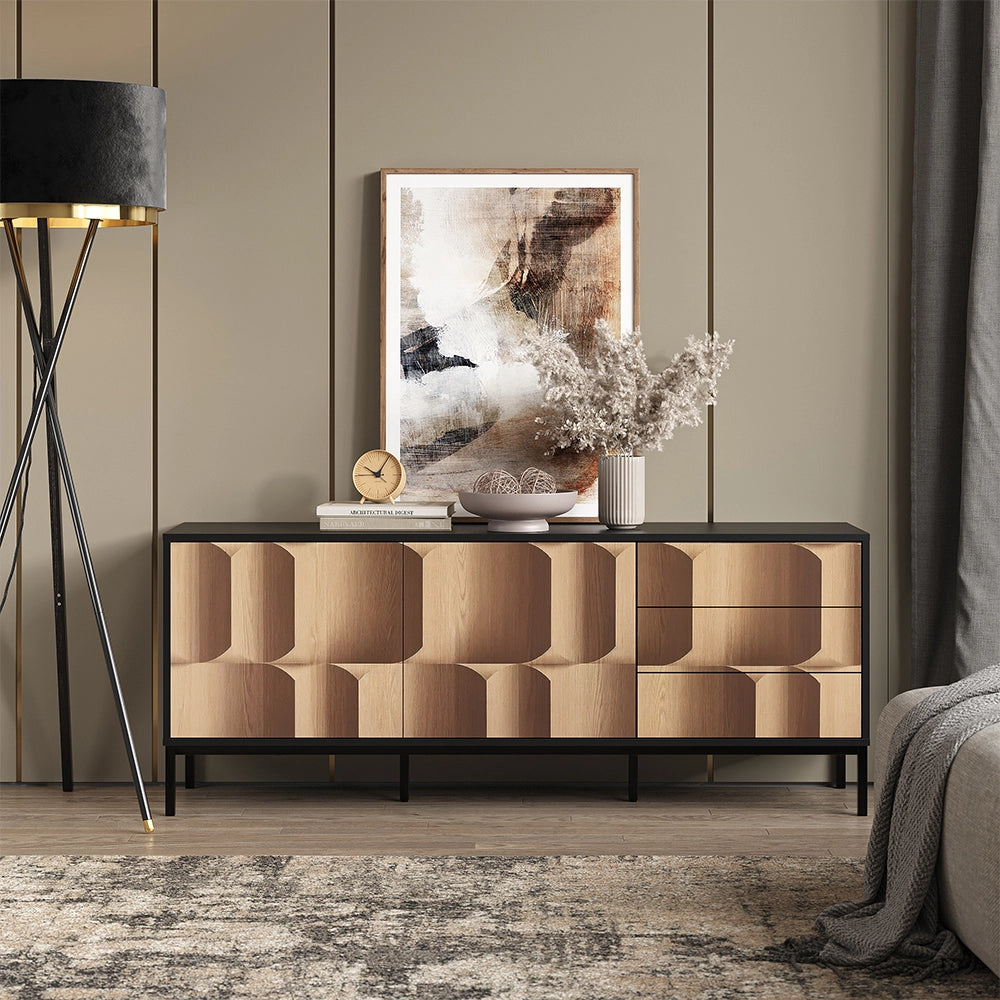 Vicco Lowboard Nero/quercia 150 x 60 cm con 3 cassetti