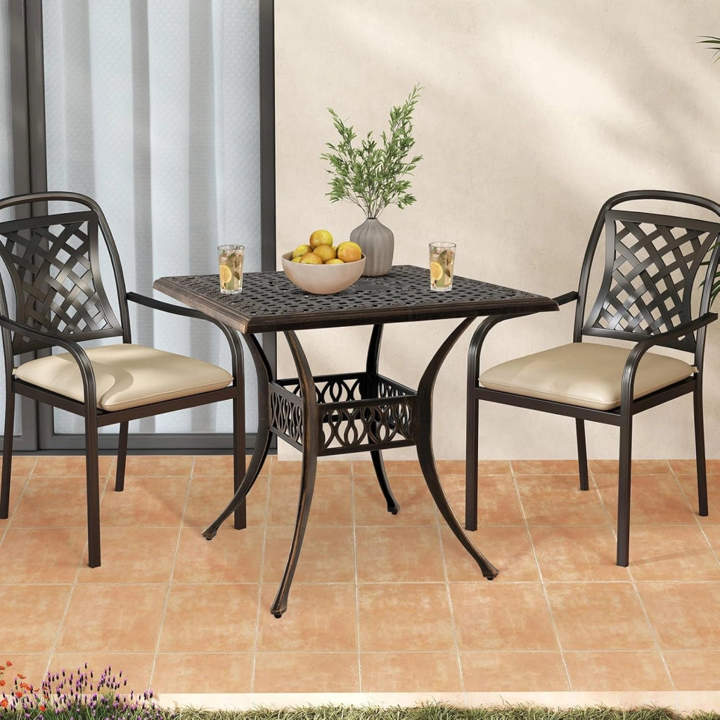 Tavolo da giardino quadrato con foro di 4,8 cm, tavolo da balcone con piedini regolabili, tavolo da bistrot in alluminio pressofuso, tavolo da pranzo per balcone, terrazza, giardino, 80 x 80