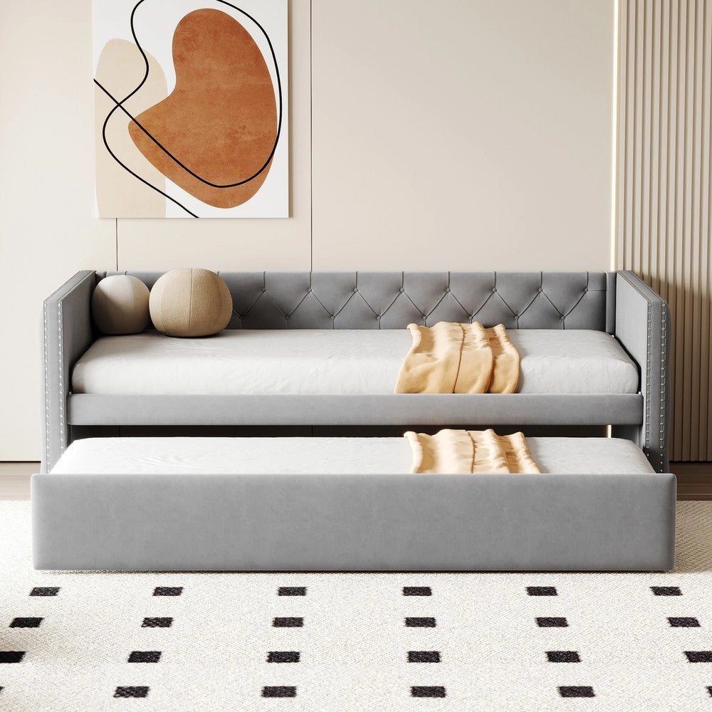 Letto Imbottito Estraibile con Rete a Doghe ¨C Xylo ¨C Velluto Grigio Chiaro 90x200