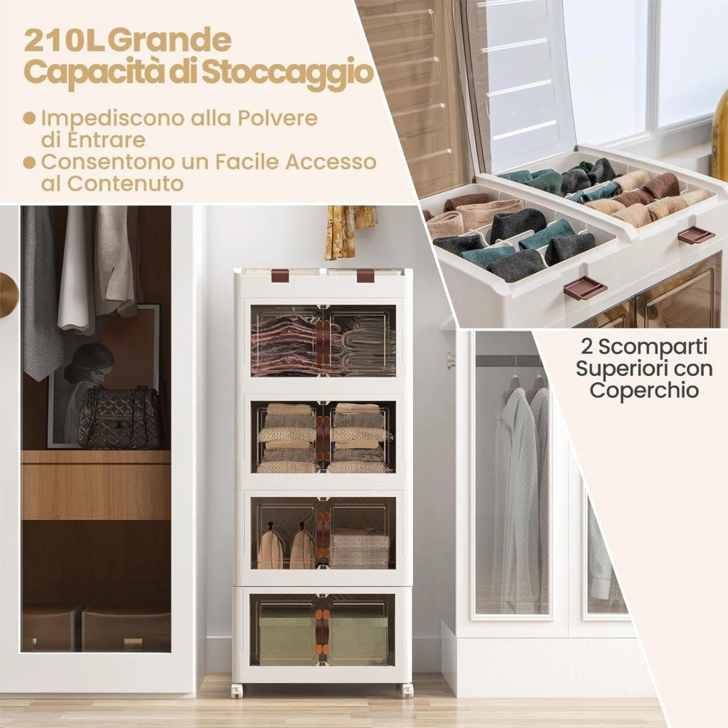 Scatole di Stoccaggio Pieghevoli con Coperchio, Set da 3/4 Contenitori con Ruote, Scatole Pieghevoli Organizer per Armadio con Porte Magnetiche ad Apertura Frontale, Multiuso(4 Livelli)