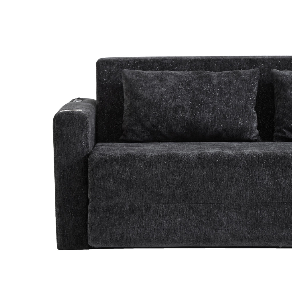 Divano letto 2 posti 153x77x65 cm in ciniglia grigio nero con USB e 2 cuscini