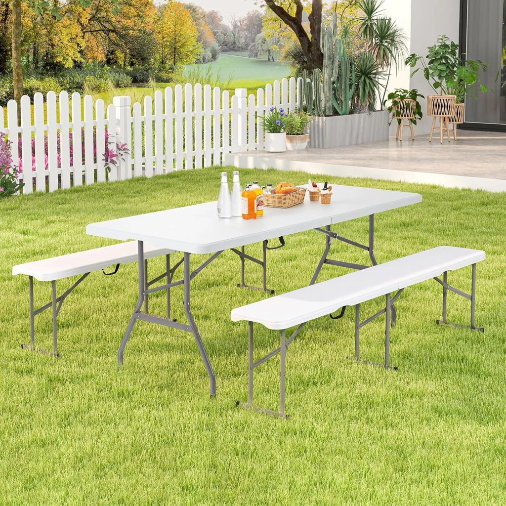 Panca da Giardino Pieghevole in Plastica, Panchina da Esterno Portatile con Maniglia di Trasporto, Panca da Campeggio con Telaio in Metallo, per Patio, Picnic, Portata 300 kg (Bianco II)
