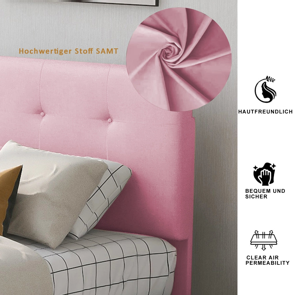 Letto singolo 90×200 cm con rete e cassetto; senza materasso; velluto; rosa