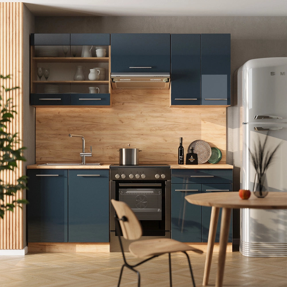 Armadi da cucina Fame-Line Blu scuro lucido/Rovere dorato 200 cm, PL Marmo Vicco