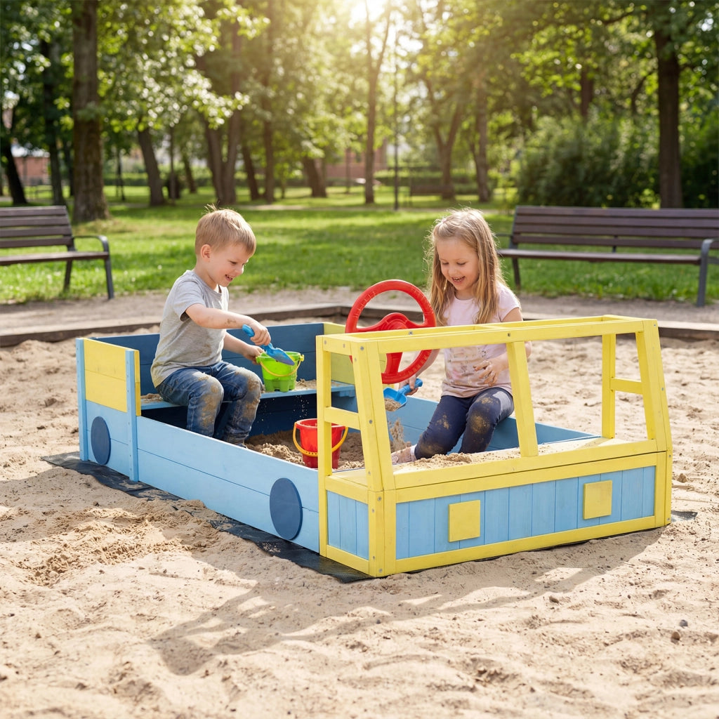 Sabbiera per bambino in legno con panca volante orientabile e rivestimento, Gioco da spiaggia a forma di autopompa