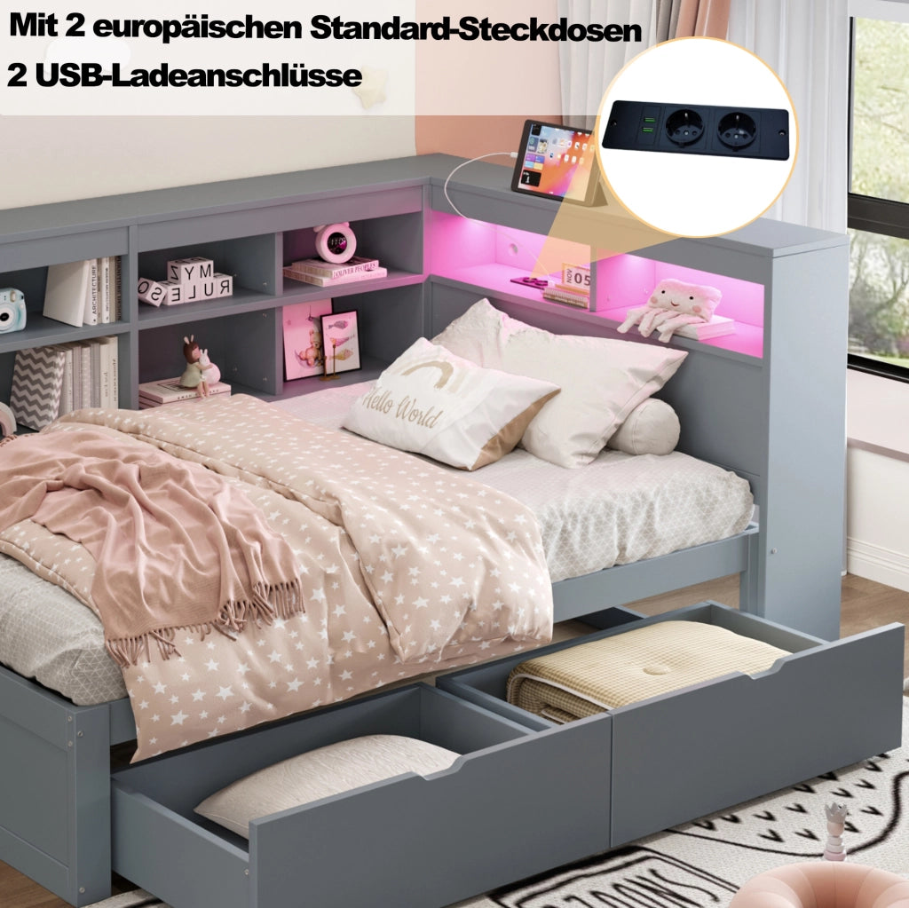 Letto singolo multifunzione 90x200 cm grigio con LED e USB