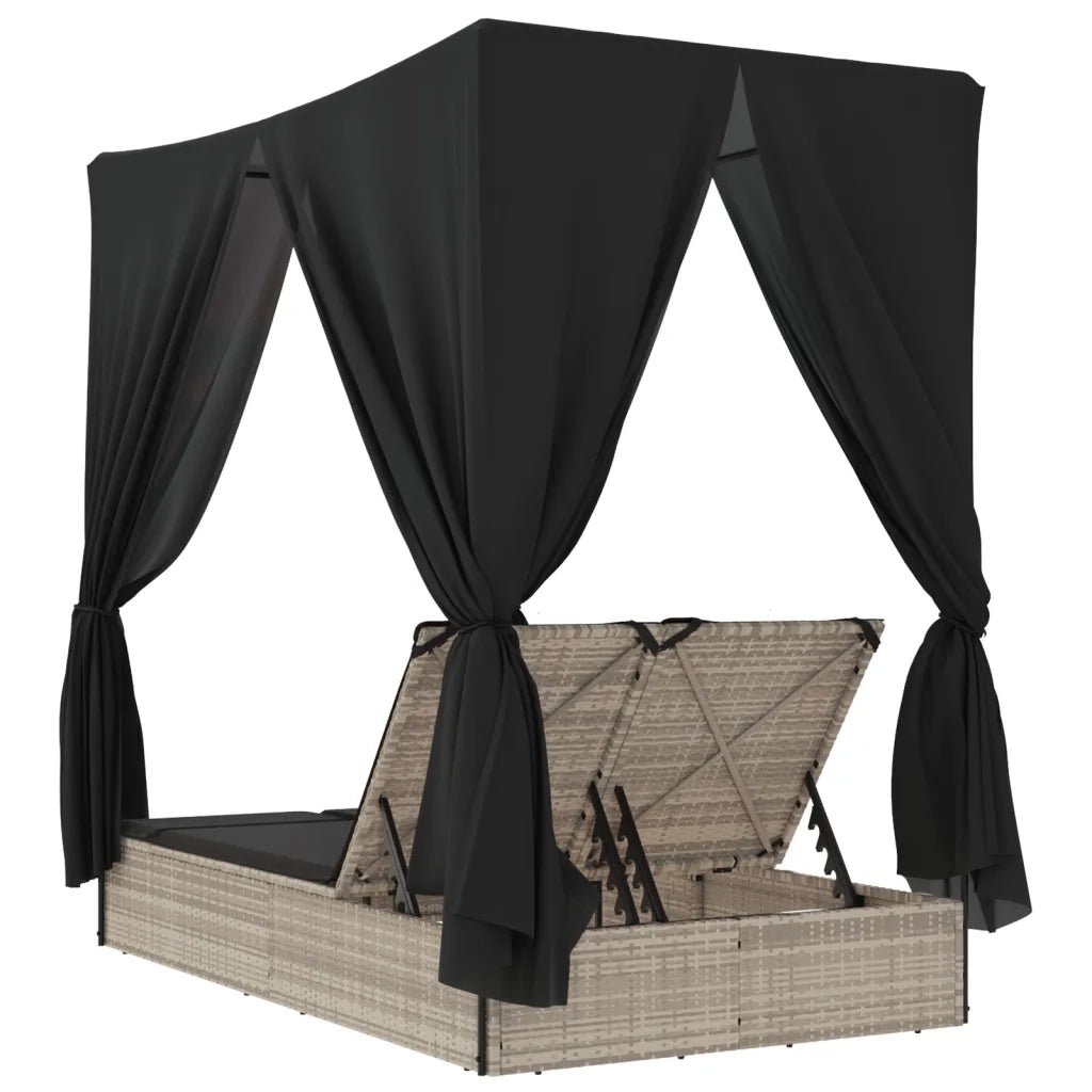 Lettino Prendisole Tetto e Tende Grigio Chiaro in Polyrattan 368077