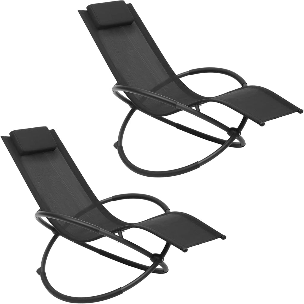 Set di 2 Sedia Sdraio a Dondolo Relax Poltrona Swing Traspirante da Balcone Campeggio Lettino con Braccioli e Poggiatesta, Nero, LS002sz-2