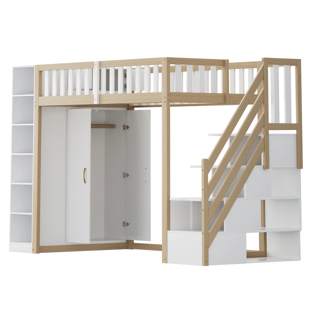 Letto a soppalco ULEVR 90x200 cm con armadio, scaffali e scala con cassetti, bianco e legno naturale