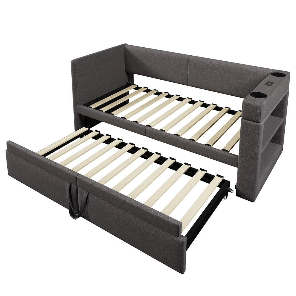 Letto a giorno-Xylo-90x200 cm-ribaltabile, USB-C, portabicchieri, misto lino, grigio