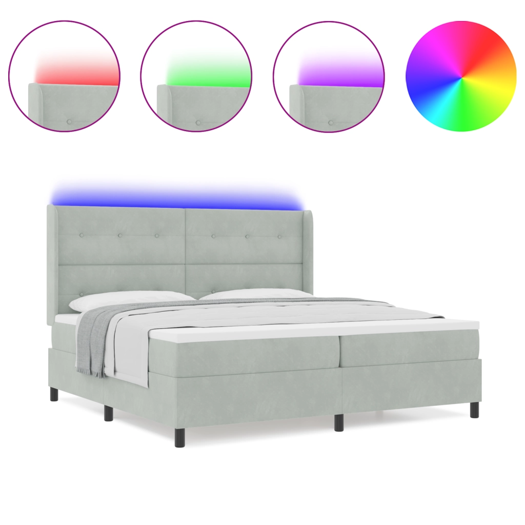 Letto Box Spring con Materasso e Luce LED Grigio Chiaro 200x200 cm Velluto