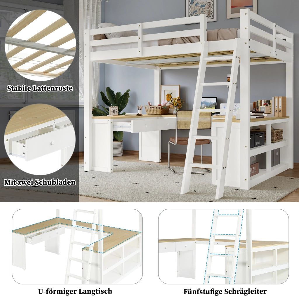 Letto a castello bambini bianco naturale con scrivania a forma di u e funzione contenitiva 140x200 cm