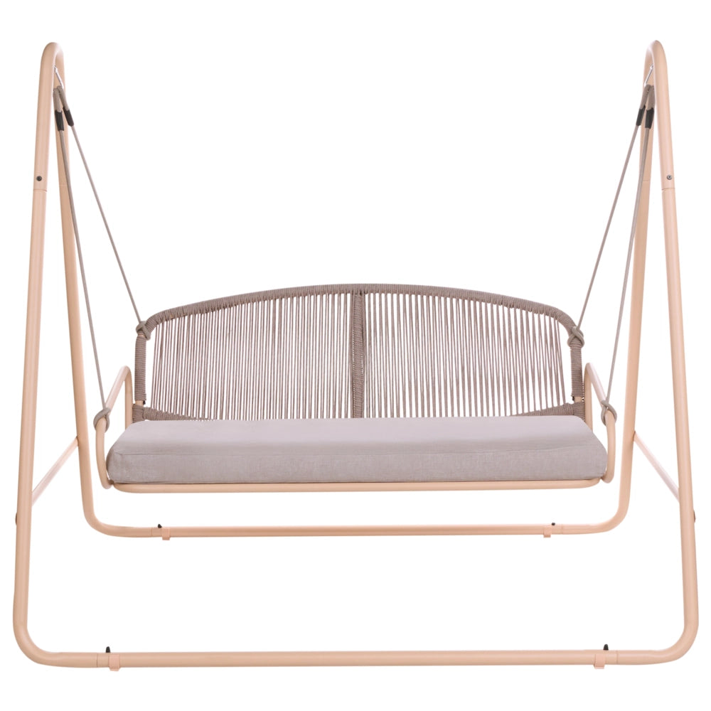 Dondolo da giardino con struttura in acciaio beige, cuscini in tessuto olefinico e schienale in corda intrecciata, a due posti, in stile mediterraneo