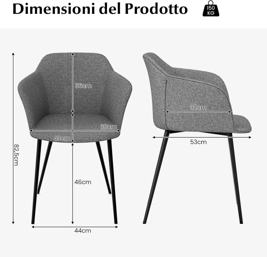 Set di 2 Sedie da Pranzo, Sedia da Pranzo Imbottita con Schienale Ergonomico, Ampi Braccioli, Sedie Moderne ed Eleganti per Soggiorno, Sala da Pranzo e Cucina, Portata 150 kg (Grigio)